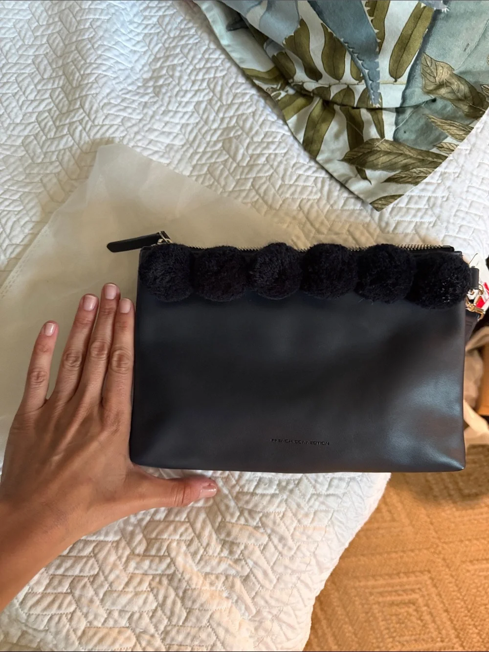 French Connection Black Pom Pom-Trim Wristlet